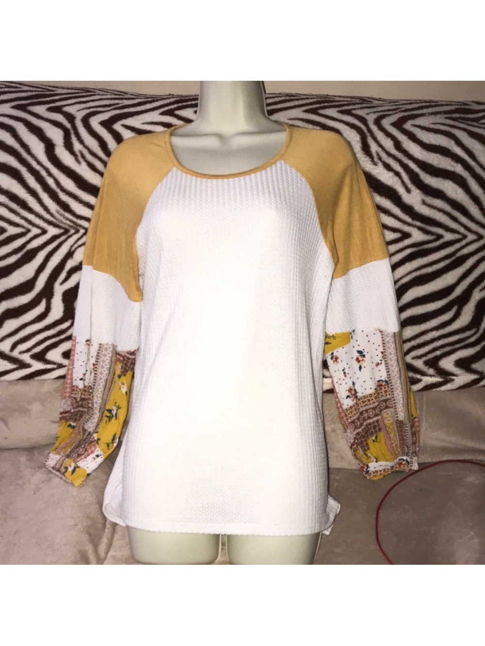 Adora small Mustard White pink & green Contrast Waffle Knit Raglan Top